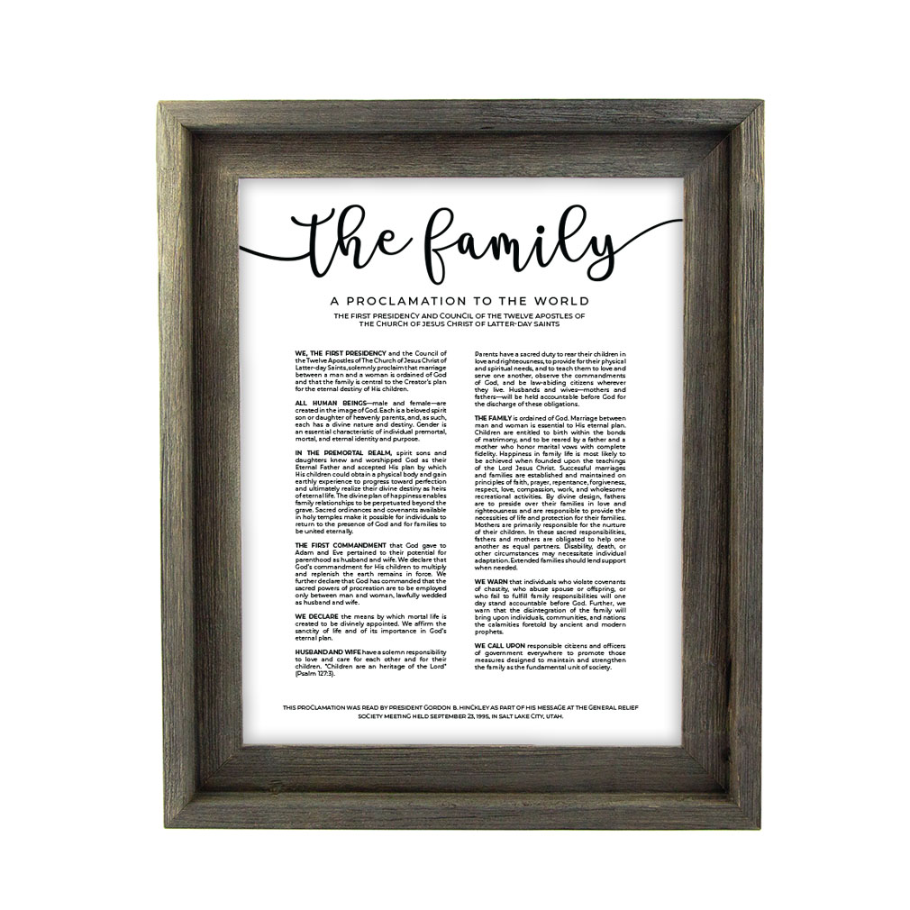 Framed Family Proclamation - Barnwood - LDP-FR-ART-FAMPROC-BW-CANVAS-11X14