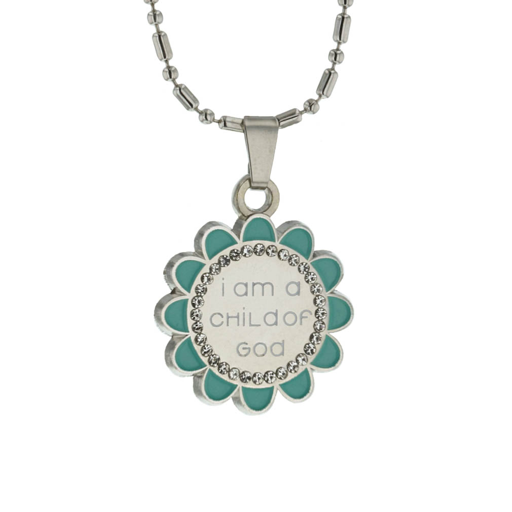 Silver flower child of god necklace in teal